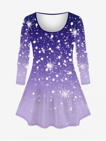 Plus Size Galaxy Ombre Star Glitter Sparkling Sequin 3D Print Long Sleeve T-shirt - PURPLE - S