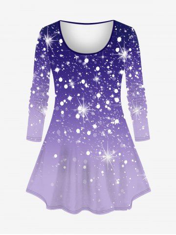 Plus Size Galaxy Ombre Star Glitter Sparkling Sequin 3D Print Long Sleeve T-shirt - PURPLE - M