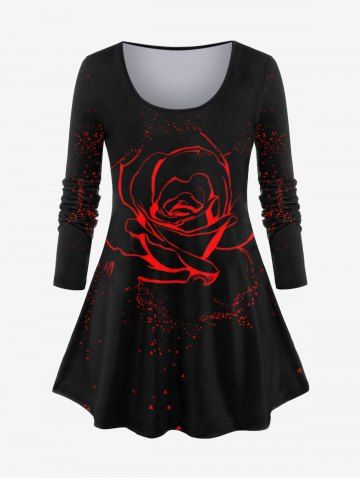 Plus Size Rose Flower Flame Fragmentation Print Long Sleeves T-shirt - BLACK - M