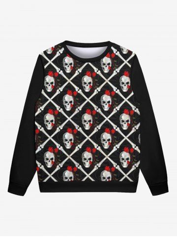 Gothic Skulls Bone Plaid Rose Flower Print Pullover Long Sleeves Sweatshirt For Men - BLACK - 4XL