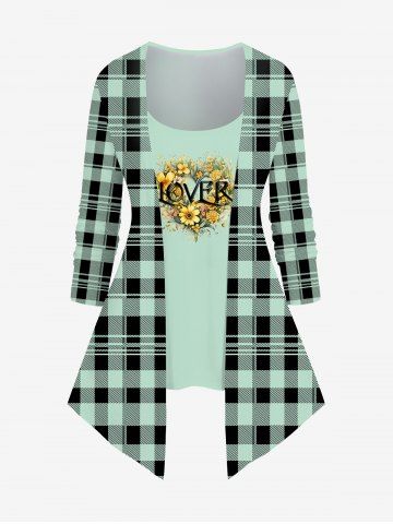 Plus Size Valentine's Day Plaid Checkered Sunfowers Letters Print 2 In 1 T-shirt - LIGHT GREEN - S