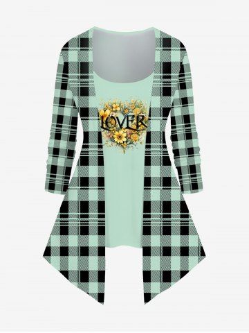 Plus Size Valentine's Day Plaid Checkered Sunfowers Letters Print 2 In 1 T-shirt - LIGHT GREEN - 4X