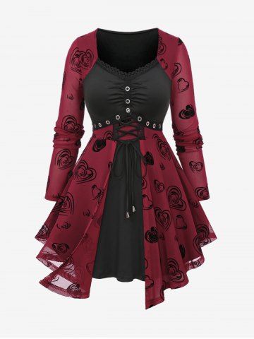 Plus Size Lace Up Grommets Rose Flower Heart Flocking Mesh Ruched Asymmetrical Long Sleeve  2 In 1 Top - RED - M | US 10