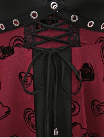 Plus Size Lace Up Grommets Rose Flower Heart Flocking Mesh Ruched Asymmetrical Long Sleeve  2 In 1 Top