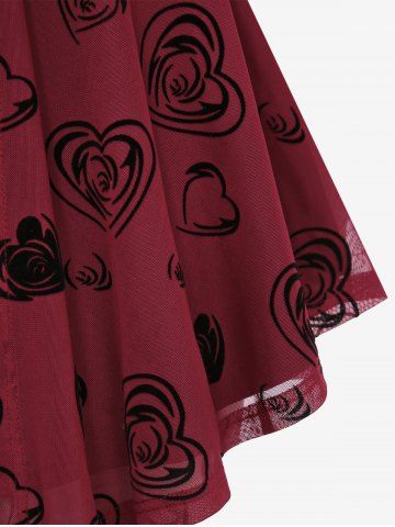 Plus Size Lace Up Grommets Rose Flower Heart Flocking Mesh Ruched Asymmetrical Long Sleeve  2 In 1 Top