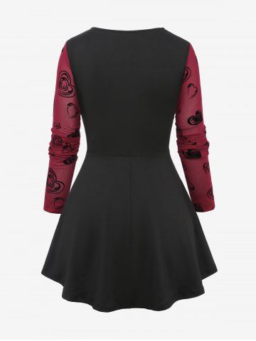 Plus Size Lace Up Grommets Rose Flower Heart Flocking Mesh Ruched Asymmetrical Long Sleeve  2 In 1 Top