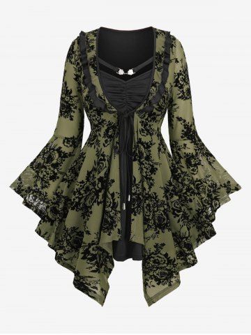 Plus Size Flare Sleeves Floral Mesh Flocking Ruffles Ruched Tied Striped Layered Handkerchief 2 in 1 Top - BLACK - M | US 10