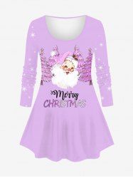 T-shirt Lettre Flocon de Neige et Père Noël Imprimés de Grande Taille à Manches Longues - Violet clair 3X