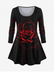 Plus Size Rose Flower Flame Fragmentation Print Long Sleeves T-shirt -  