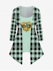 Plus Size Valentine's Day Plaid Checkered Sunfowers Letters Print 2 In 1 T-shirt -  