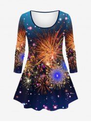 Plus Size New Year Party Fireworks Galaxy Star Glitter Sparkling Sequin 3D Print Long Sleeve T-shirt -  