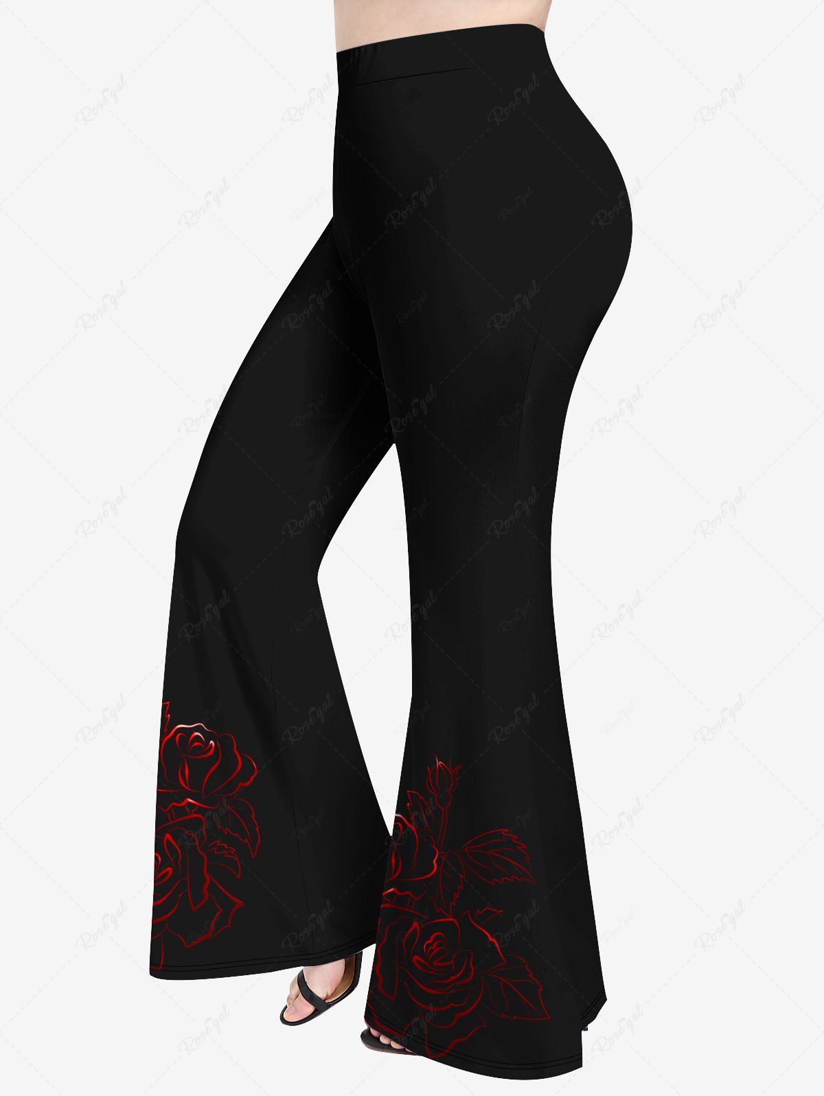 Pantalon Évasé à Imprimé Roses Brillantes Grande-Taille Noir 6X