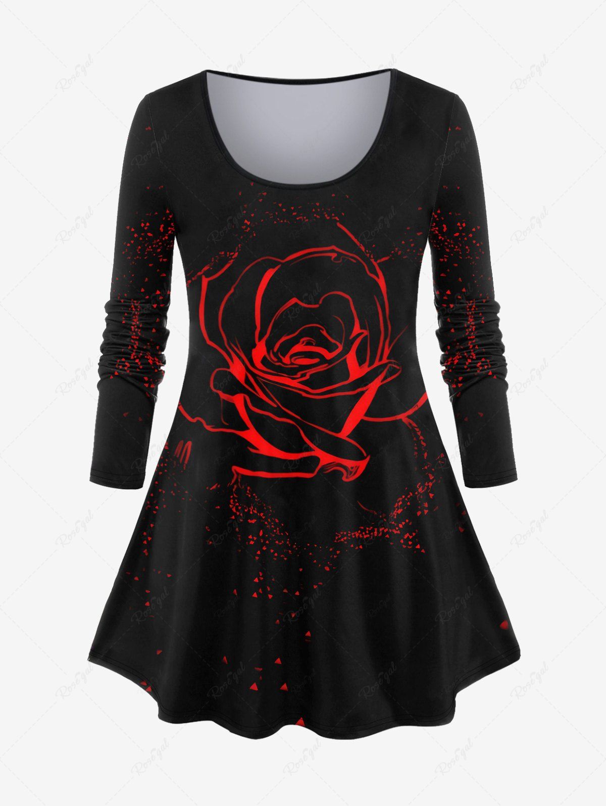Store Plus Size Rose Flower Flame Fragmentation Print Long Sleeves T-shirt  