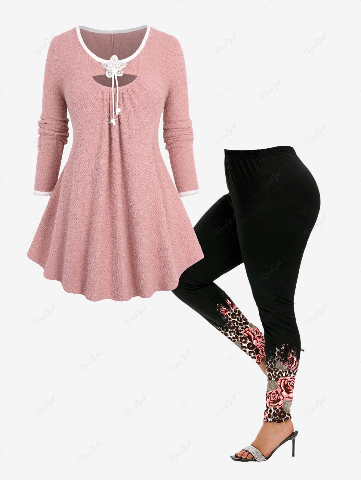 Latest Glitter Sparkling Floral Buckle Cut Out Panel Contrast Binding Long Sleeves Fluffy Pullover Knit Sweater and Floral Leaf Colorblock Printed Skinny Leggings Plus Size Outfit  