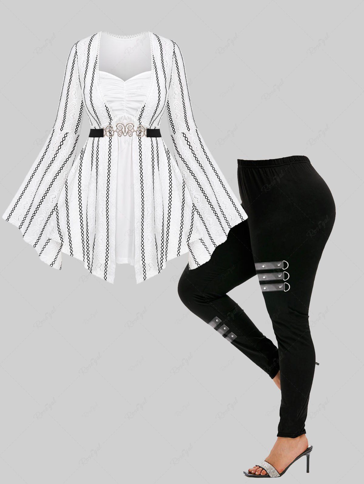 Outfits Flare Sleeves Hollow Out Heart Rhombus Black and White Striped Ruched Patchwork 2 in 1 Top with Butterfly Buckle Belt and Leggings Plus Size Outfit  