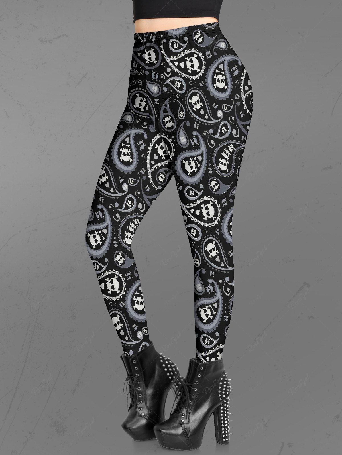 Unique Gothic Skulls Heart Paisley Print Skinny Leggings  