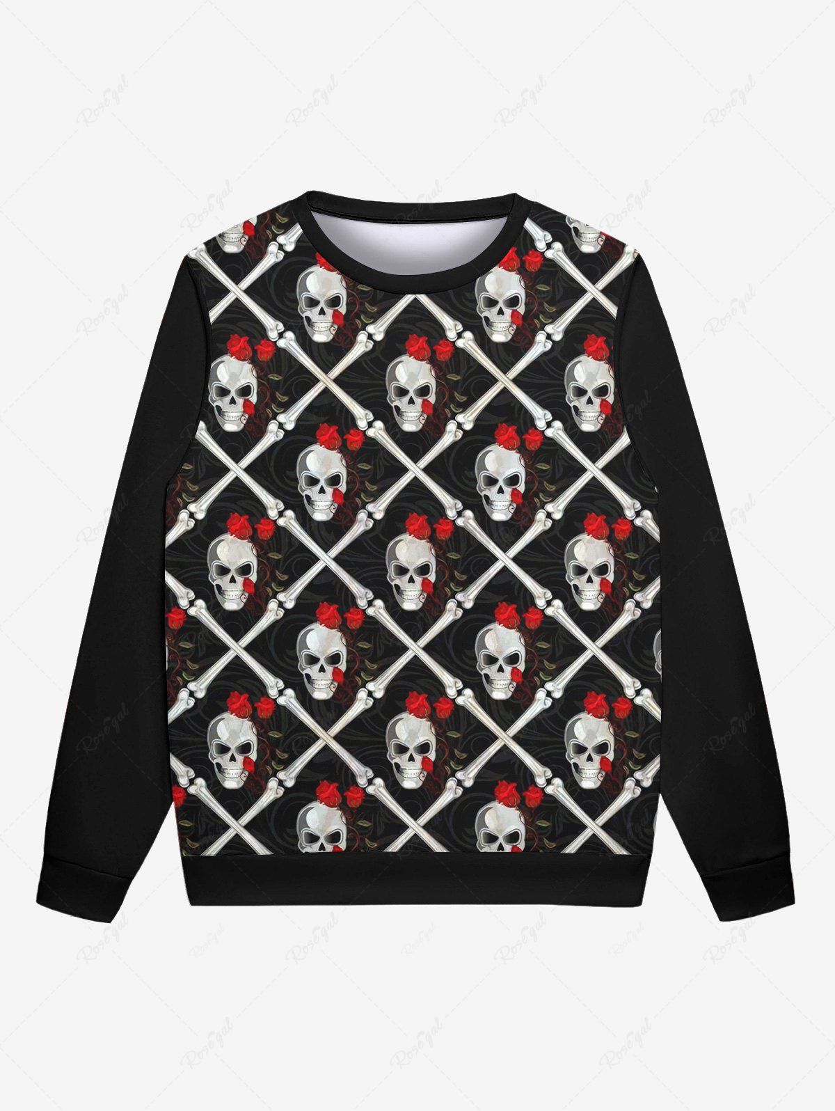Chic Gothic Skulls Bone Plaid Rose Flower Print Pullover Long Sleeves Sweatshirt For Men  