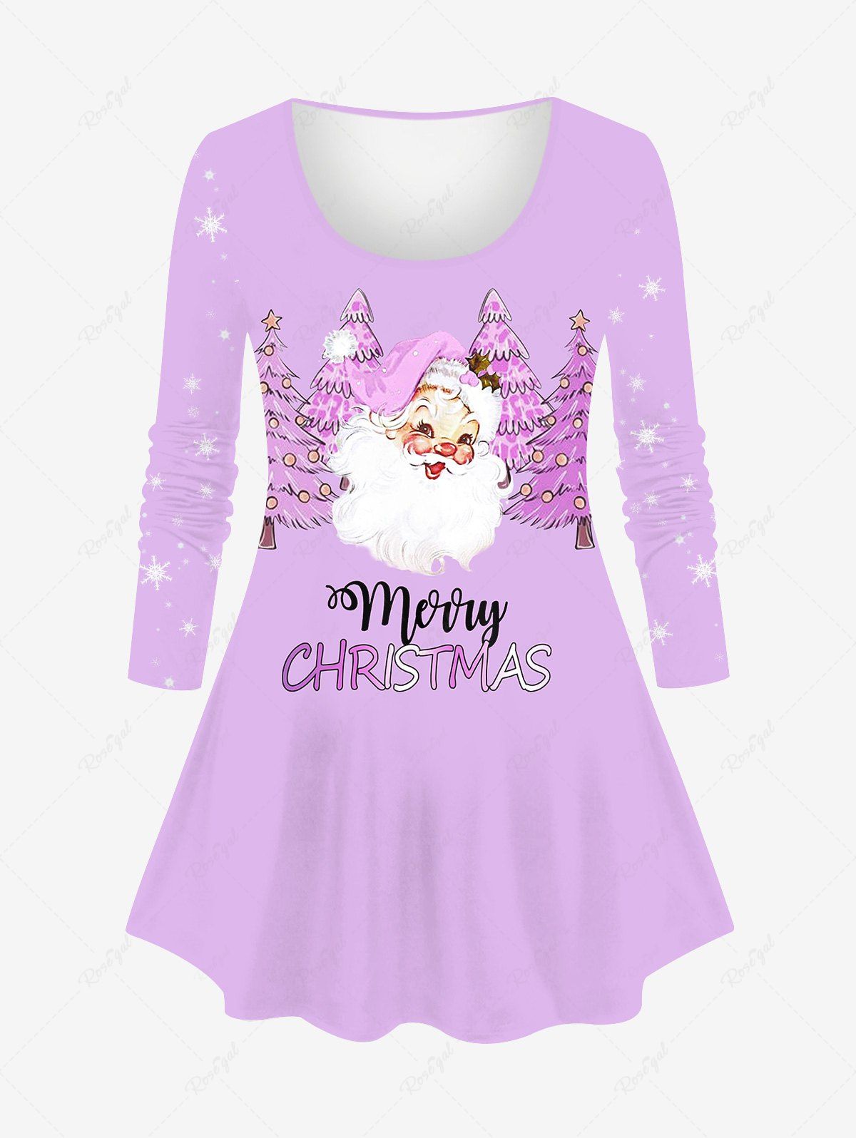 T-shirt Lettre Flocon de Neige et Père Noël Imprimés de Grande Taille à Manches Longues Violet clair 6X