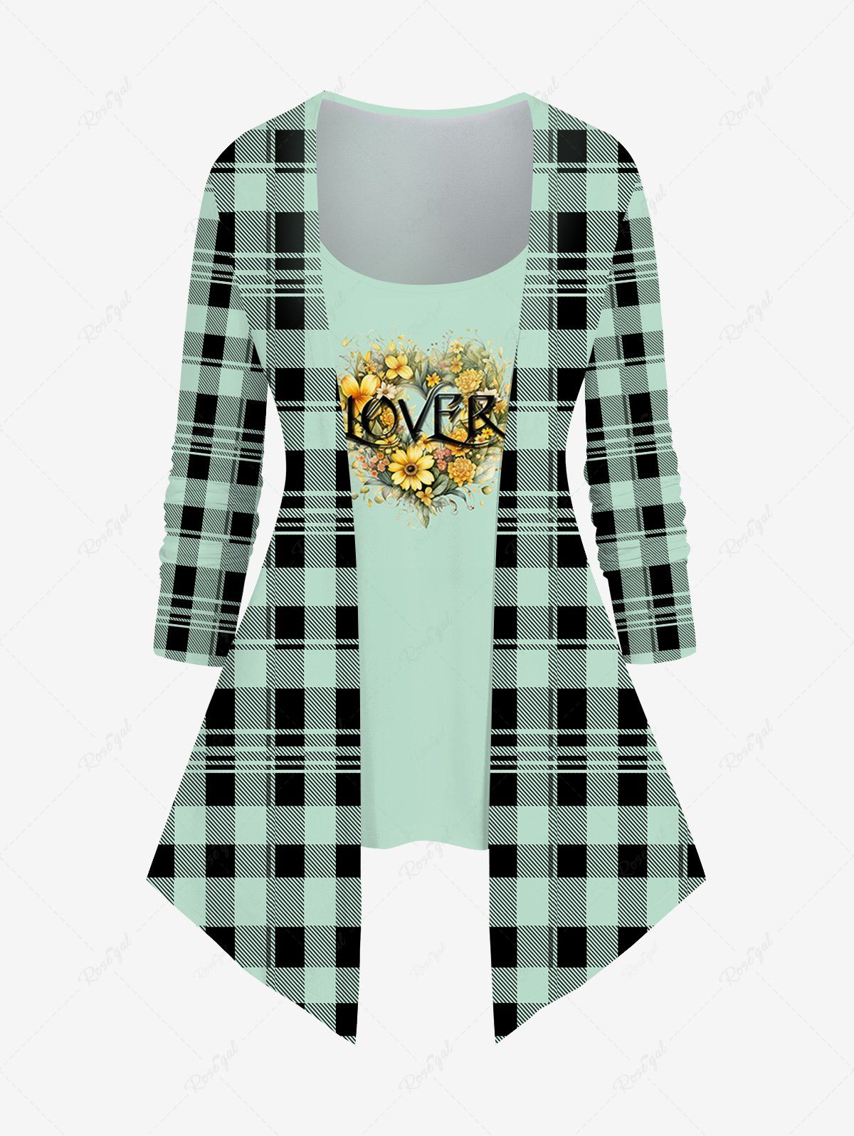 Outfits Plus Size Valentine's Day Plaid Checkered Sunfowers Letters Print 2 In 1 T-shirt  