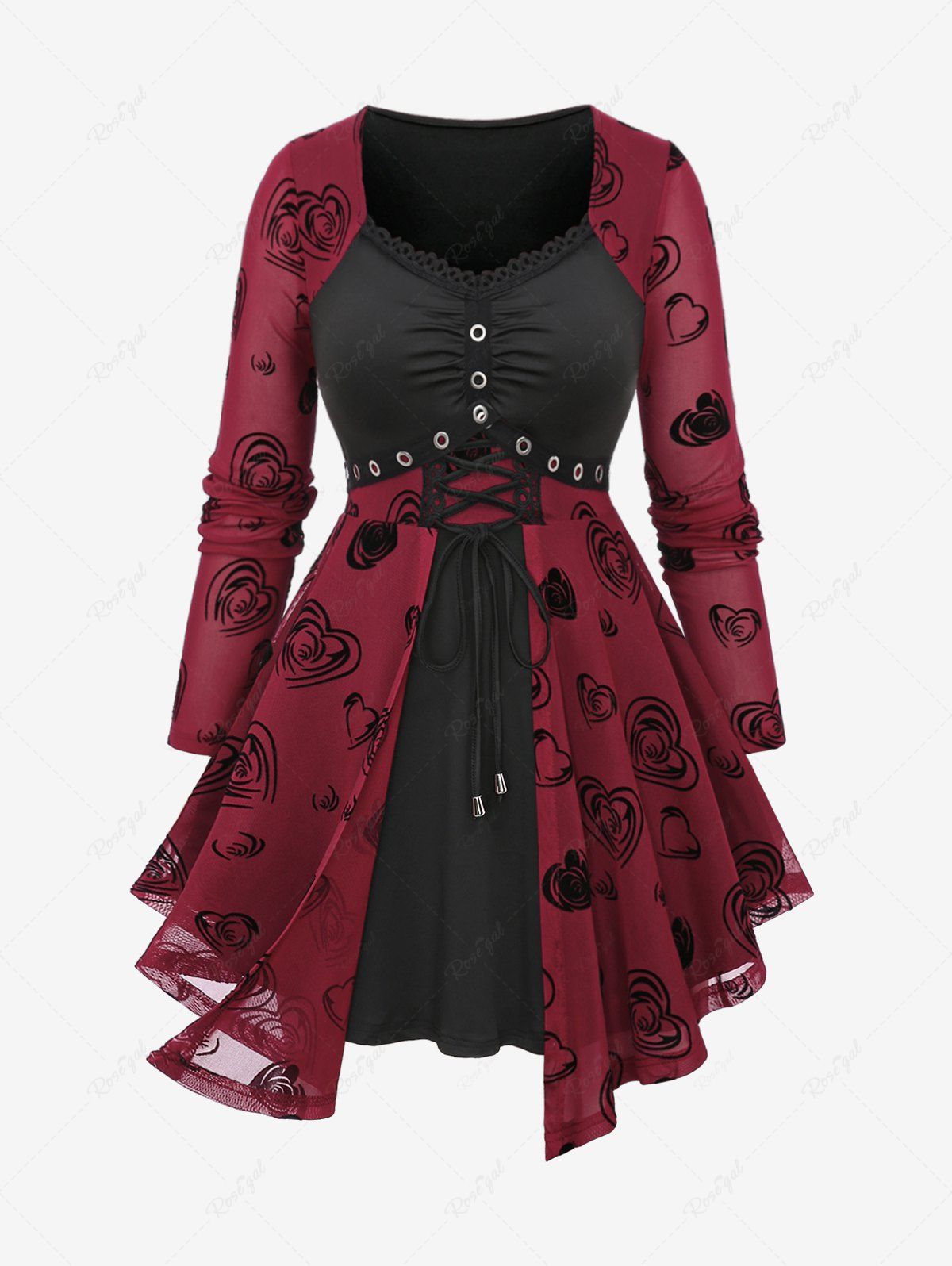 Fashion Plus Size Lace Up Grommets Rose Flower Heart Flocking Mesh Ruched Asymmetrical Long Sleeve  2 In 1 Top  