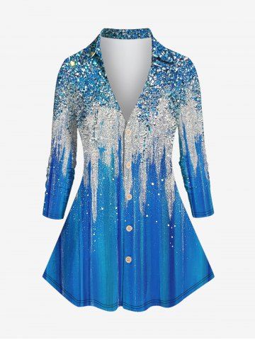 Plus Size Colorblock Sparkling Sequin Glitter 3D Print Buttons Turndown Collar Long Sleeve Shirt - BLUE - XS