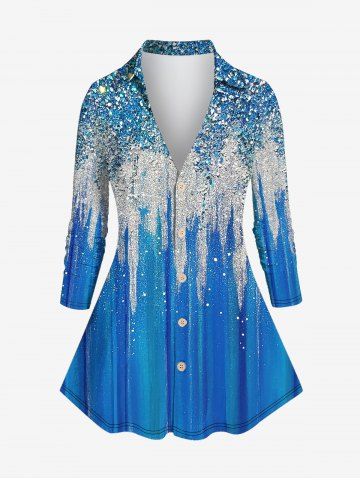 Chemise Brillante 3D Imprimée en Blocs de Couleurs avec Boutons à Manches Longues Grande Taille à Paillettes - BLUE - XS