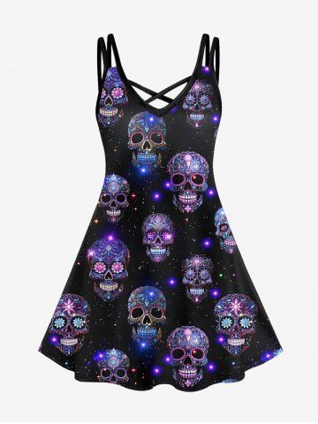 Plus Size 3D Colorful Glitter Sparkling Floral Carved Skulls Stars Galaxy Printed Crisscross A Line Cami Dress - CONCORD - S
