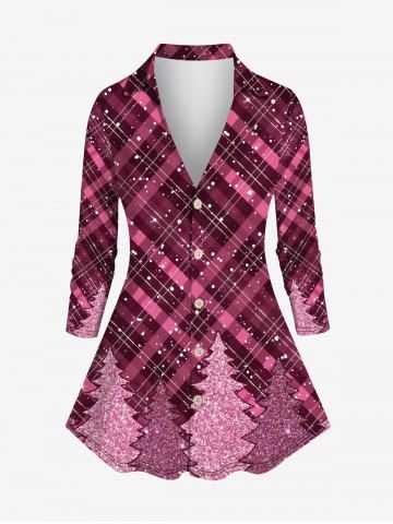 Plus Size Turn-down Collar Glitter Sparkling Christmas Tree Snowflake Plaid Print Buttons Long Sleeves Shirt - LIGHT PINK - 1X