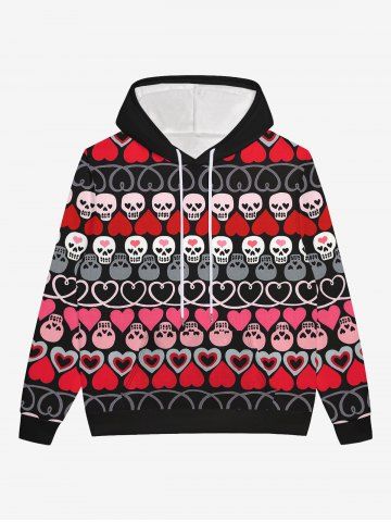 Gothic Skulls Heart Striped Print Valentines Pocket Drawstring Pullover Long Sleeves Hoodie For Men - LIGHT PINK - XS