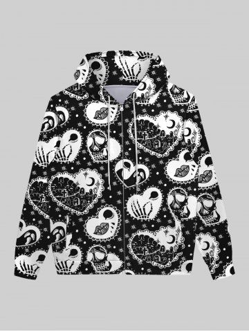 Gothic Skulls Skeleton Heart Cross Lip Moon Tombstone Ghost Print Zipper Pocket Drawstring Valentines Hoodie For Men - BLACK - XL