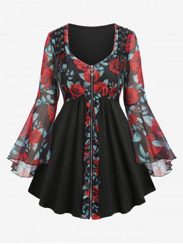 Plus Size Flare Sleeves Rose Flower Leaf Printed Mesh Lace Up Full Zipper Patchwork Ruffles Top - BLACK - M | US 10