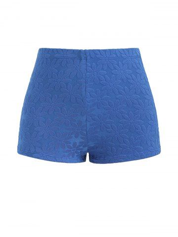 Floral Print Textured Jacquard High Waisted Boy Short Bikini Bottom - BLUE - S