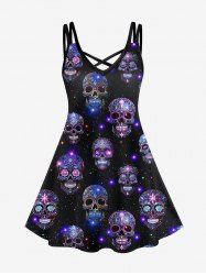 Plus Size 3D Colorful Glitter Sparkling Floral Carved Skulls Stars Galaxy Printed Crisscross A Line Cami Dress -  