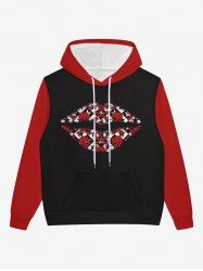 Gothic Lip Skulls Bone Print Pocket Drawstring Pullover Long Sleeves Valentines Hoodie For Men -  