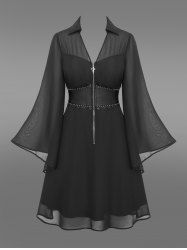 Gothic Flare Sleeves Turn-down Collar Cross Half Zipper Lace Trim Layered PU Panel Corset Chiffon Solid A Line Dress -  