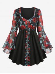 Plus Size Flare Sleeves Rose Flower Leaf Printed Mesh Lace Up Full Zipper Patchwork Ruffles Top -  