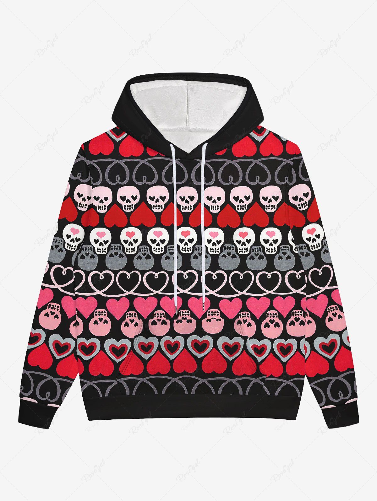 Hot Gothic Skulls Heart Striped Print Valentines Pocket Drawstring Pullover Long Sleeves Hoodie For Men  