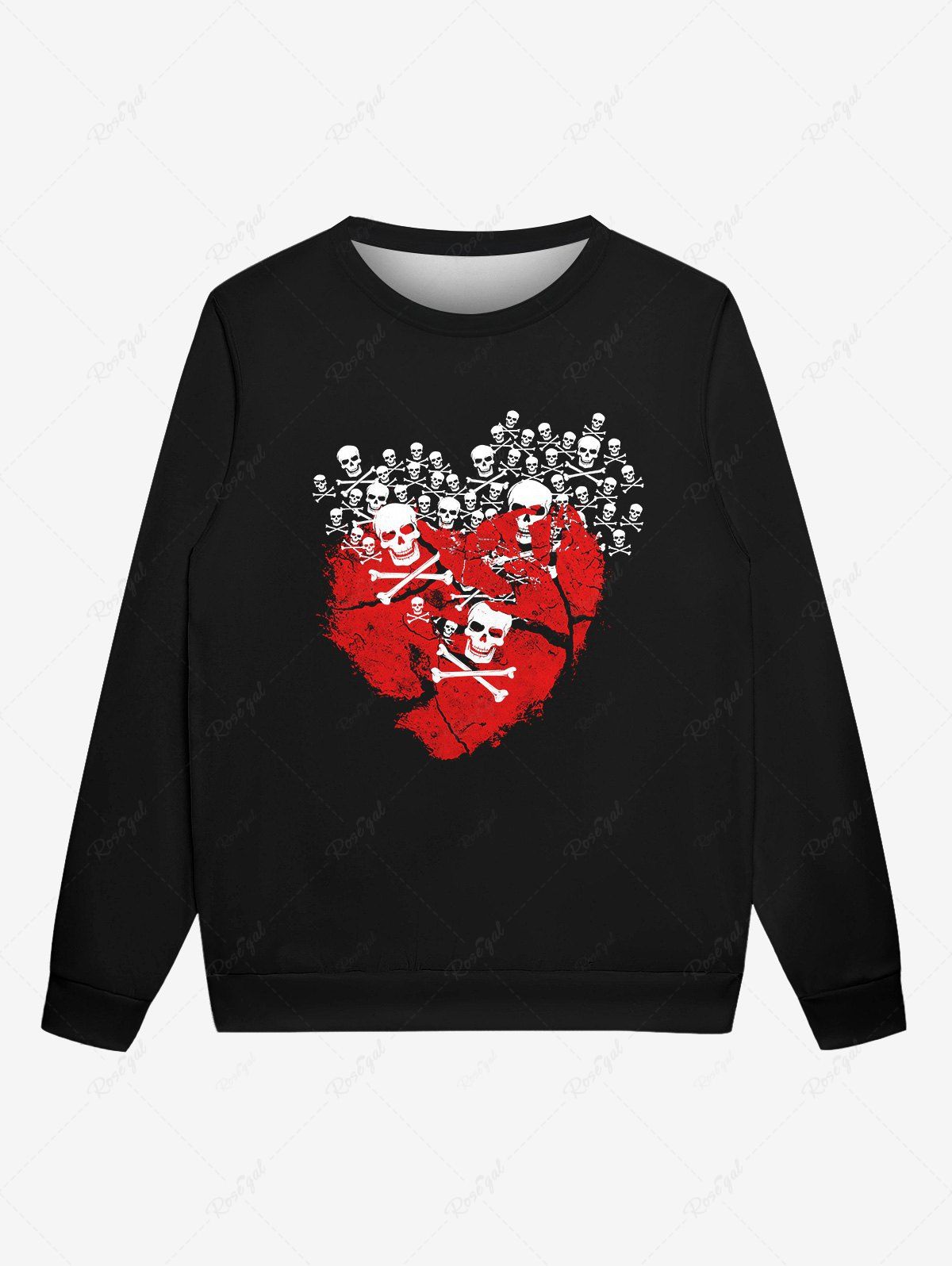 Discount Gothic Skulls Heart Bones Print Crew Neck Pullover Long Sleeves Sweatshirt For Men  