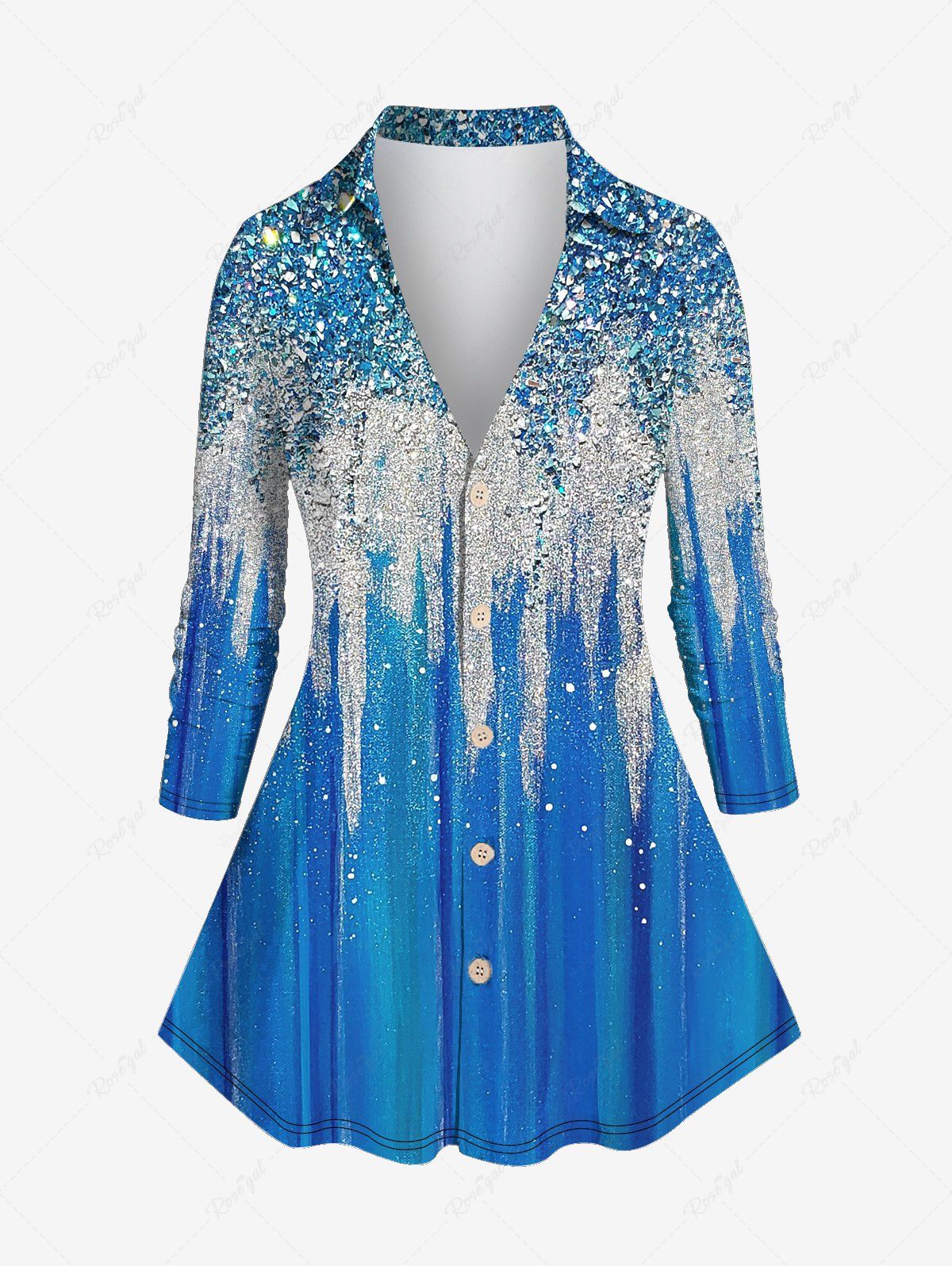 Shops Plus Size Colorblock Sparkling Sequin Glitter 3D Print Buttons Turndown Collar Long Sleeve Shirt  