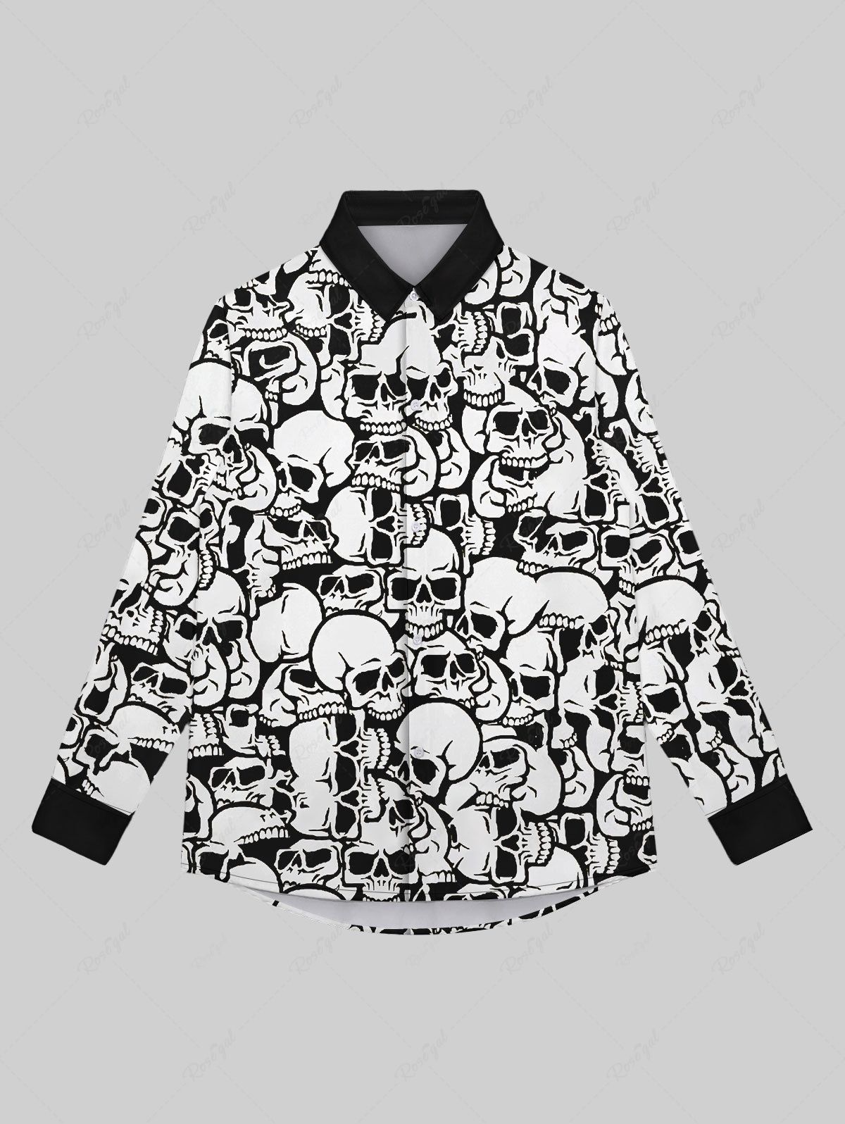 Chemise Gothique Crâne Imprimée Contrastée avec Boutons à Manches Longues à Col Relevé Blanc 7XL
