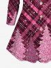 Plus Size Turn-down Collar Glitter Sparkling Christmas Tree Snowflake Plaid Print Buttons Long Sleeves Shirt -  