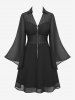Gothic Flare Sleeves Turn-down Collar Cross Half Zipper Lace Trim Layered PU Panel Corset Chiffon Solid A Line Dress -  