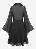 Gothic Flare Sleeves Turn-down Collar Cross Half Zipper Lace Trim Layered PU Panel Corset Chiffon Solid A Line Dress -  