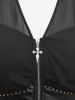 Gothic Flare Sleeves Turn-down Collar Cross Half Zipper Lace Trim Layered PU Panel Corset Chiffon Solid A Line Dress -  
