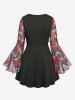 Plus Size Flare Sleeves Rose Flower Leaf Printed Mesh Lace Up Full Zipper Patchwork Ruffles Top -  