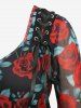 Plus Size Flare Sleeves Rose Flower Leaf Printed Mesh Lace Up Full Zipper Patchwork Ruffles Top -  