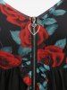 Plus Size Flare Sleeves Rose Flower Leaf Printed Mesh Lace Up Full Zipper Patchwork Ruffles Top -  