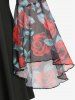 Plus Size Flare Sleeves Rose Flower Leaf Printed Mesh Lace Up Full Zipper Patchwork Ruffles Top -  
