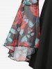 Plus Size Flare Sleeves Rose Flower Leaf Printed Mesh Lace Up Full Zipper Patchwork Ruffles Top -  