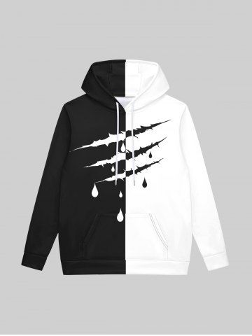 Gothic 3D Ripped Bloody Drop Print Two Tone Patchwork Pocket Drawstring Fleece Lining Pullover Hoodie For Men